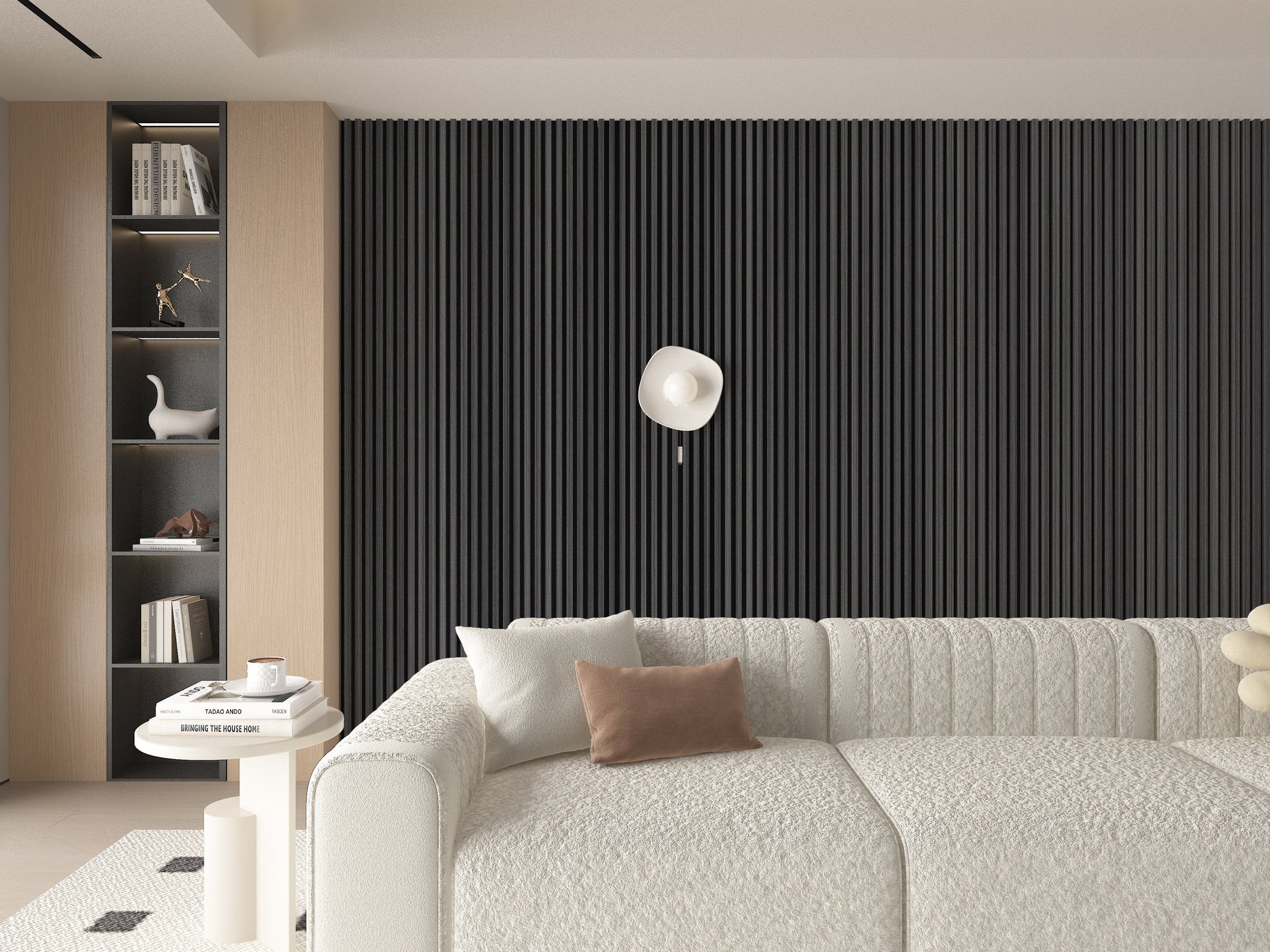 Carborn Gray WPC Fluted 3D Wall Panels. Wall Panel Market. Living Room Design With WPC Fluted Wall Panels