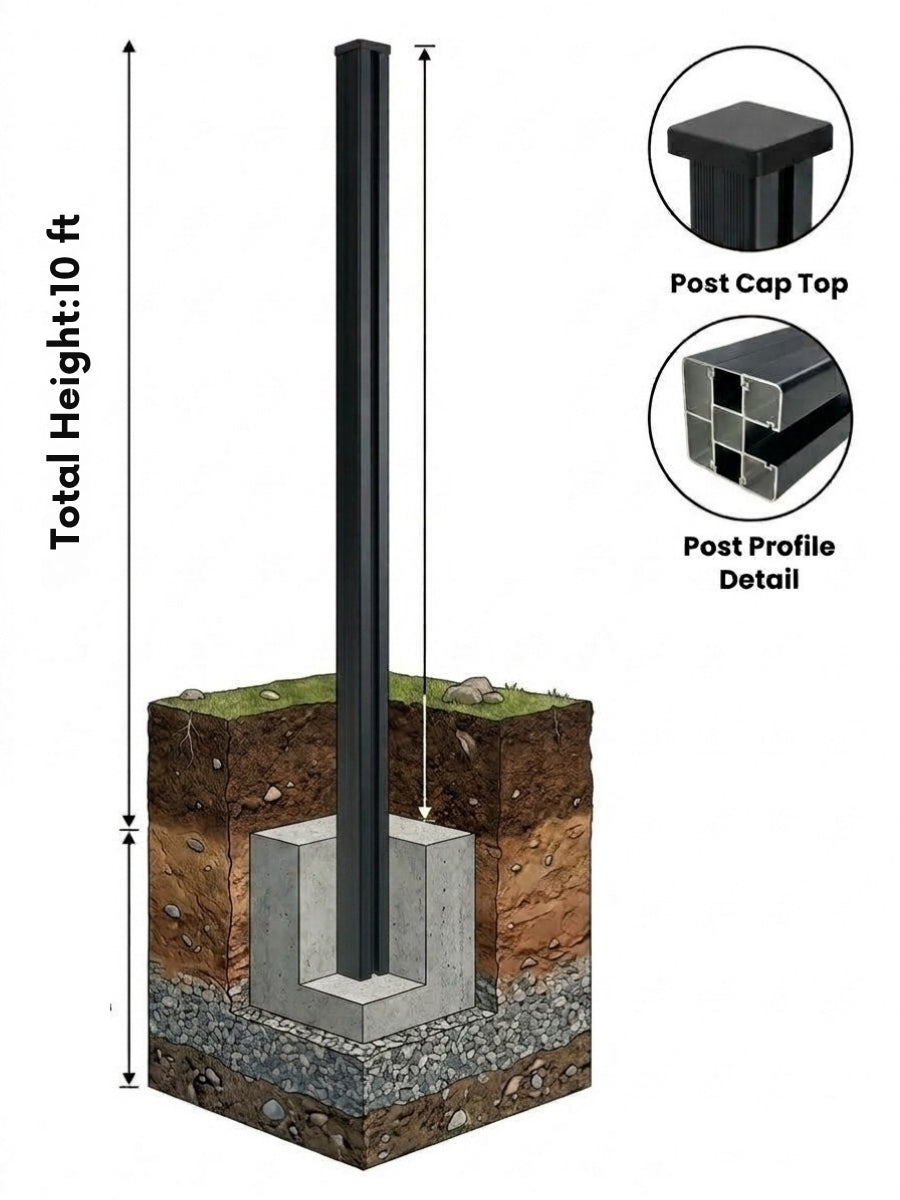 10 ft in-ground fence post embedded in a concrete footing, with post cap and profile details