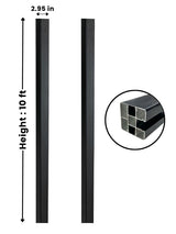 Black 10 ft in-ground fence post shown from two sides with 2.95-inch width and hollow cross-section detail