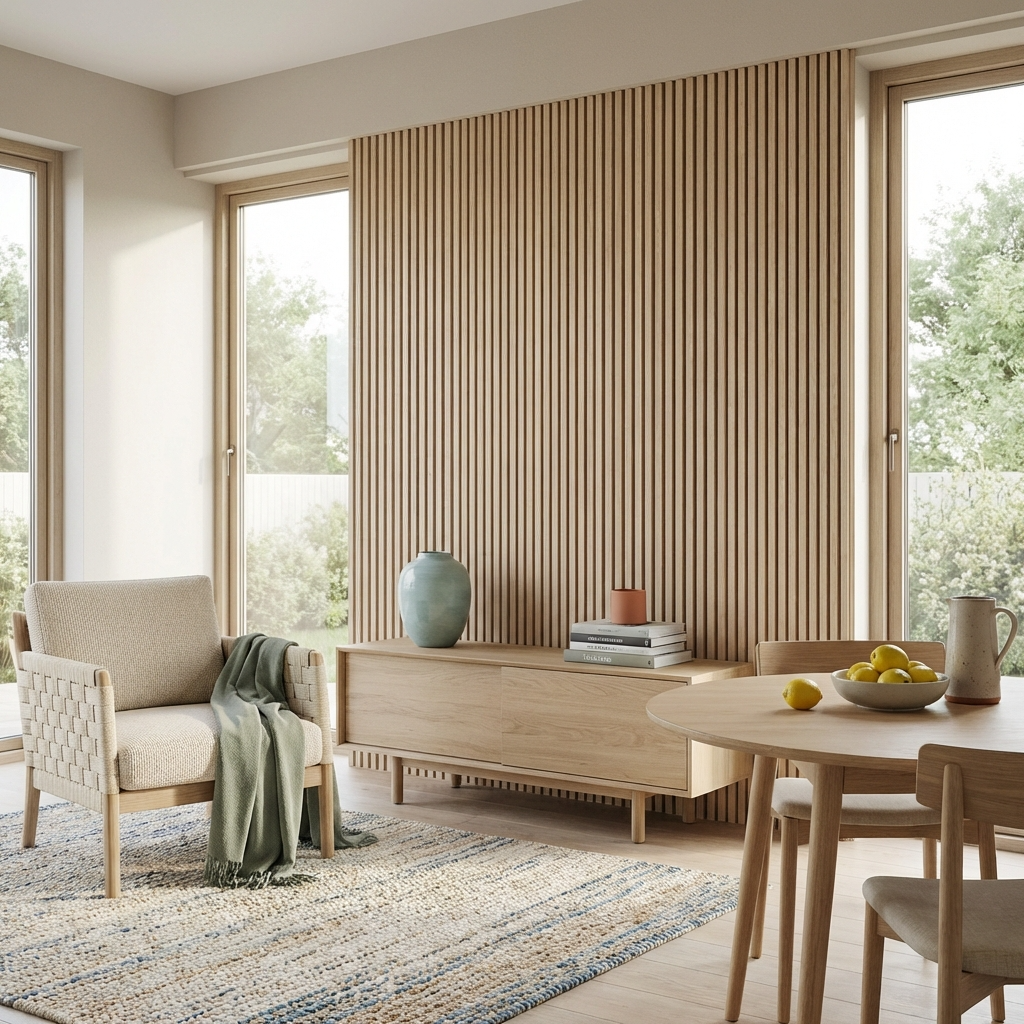 Nordic birch acoustic wood slat feature wall between tall windows in a bright living and dining space