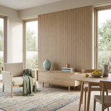 Living room with oak acoustic slat wall panel feature wall