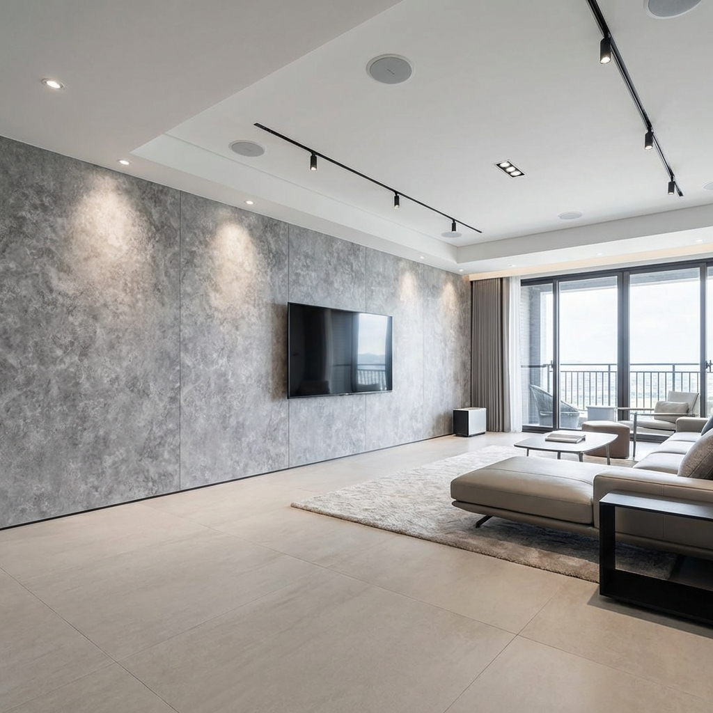 Grey stone look PVC wall panels behind wall mounted TV