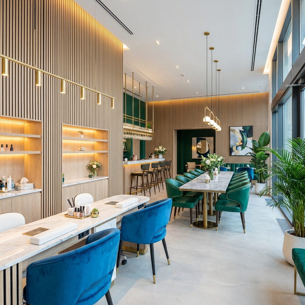 Contemporary salon with light oak acoustic wood slat walls, illuminated shelves and colorful seating