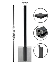 11 ft aluminum alloy fence post diagram showing 2.95-inch width, square cap, channel profile, and concrete footing