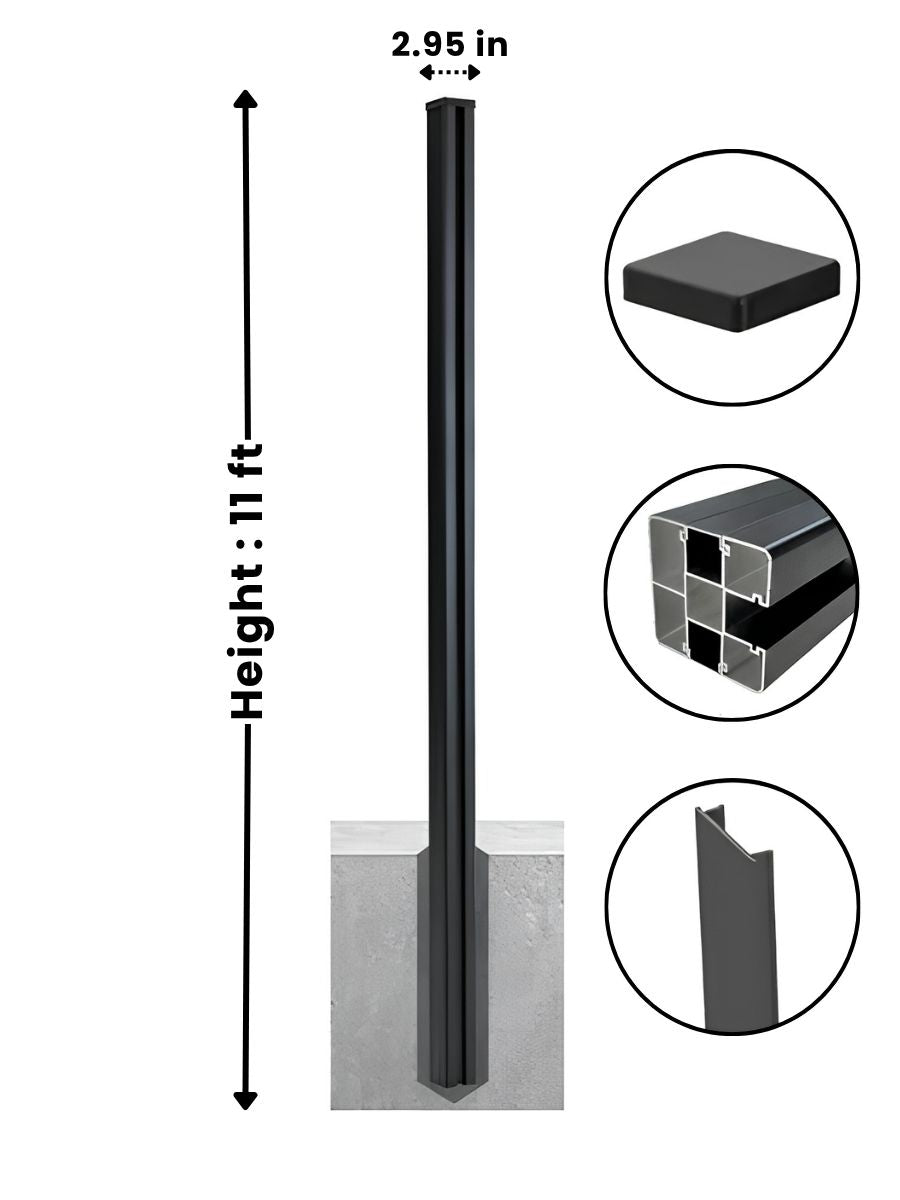 11 ft aluminum alloy fence post diagram showing 2.95-inch width, square cap, channel profile, and concrete footing