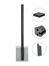 Extra-long dark aluminum alloy fence post with square cap and inset views of the hollow profile and side channel