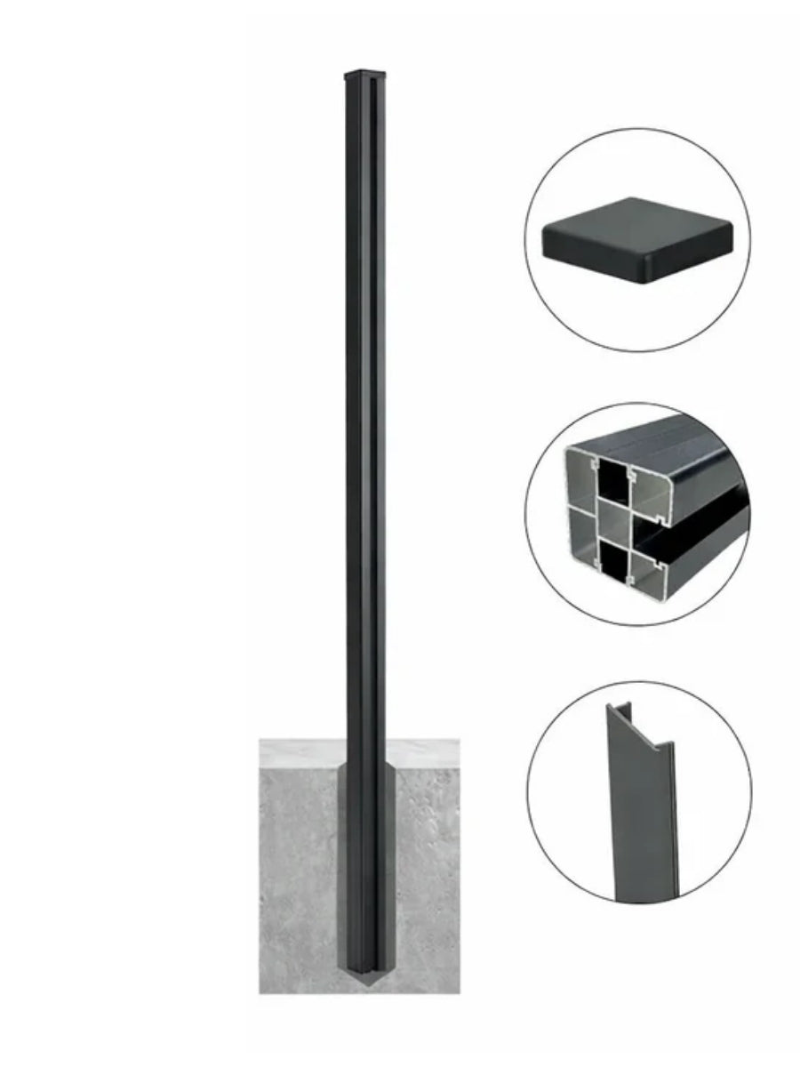 Extra-long dark aluminum alloy fence post with square cap and inset views of the hollow profile and side channel