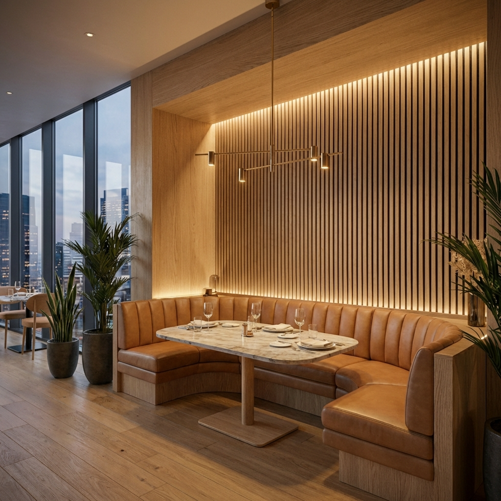Restaurant booth with natural oak acoustic slat wall panel and warm LED lighting