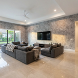 Modern living room TV wall with grey stone PVC panels