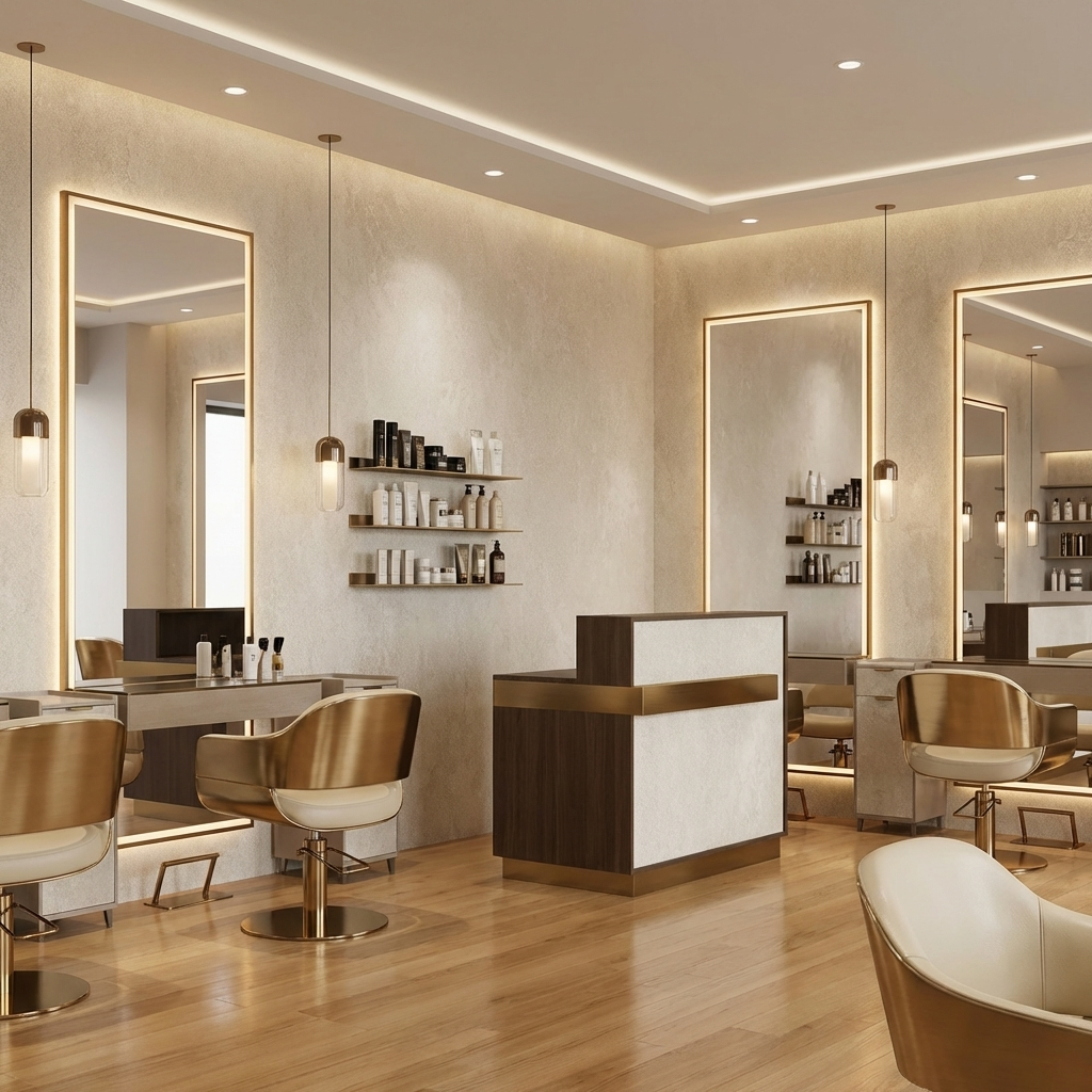 Hair salon wall with beige stone texture PVC panels