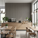Cafe interior with ash gray acoustic slat wall panel feature wall