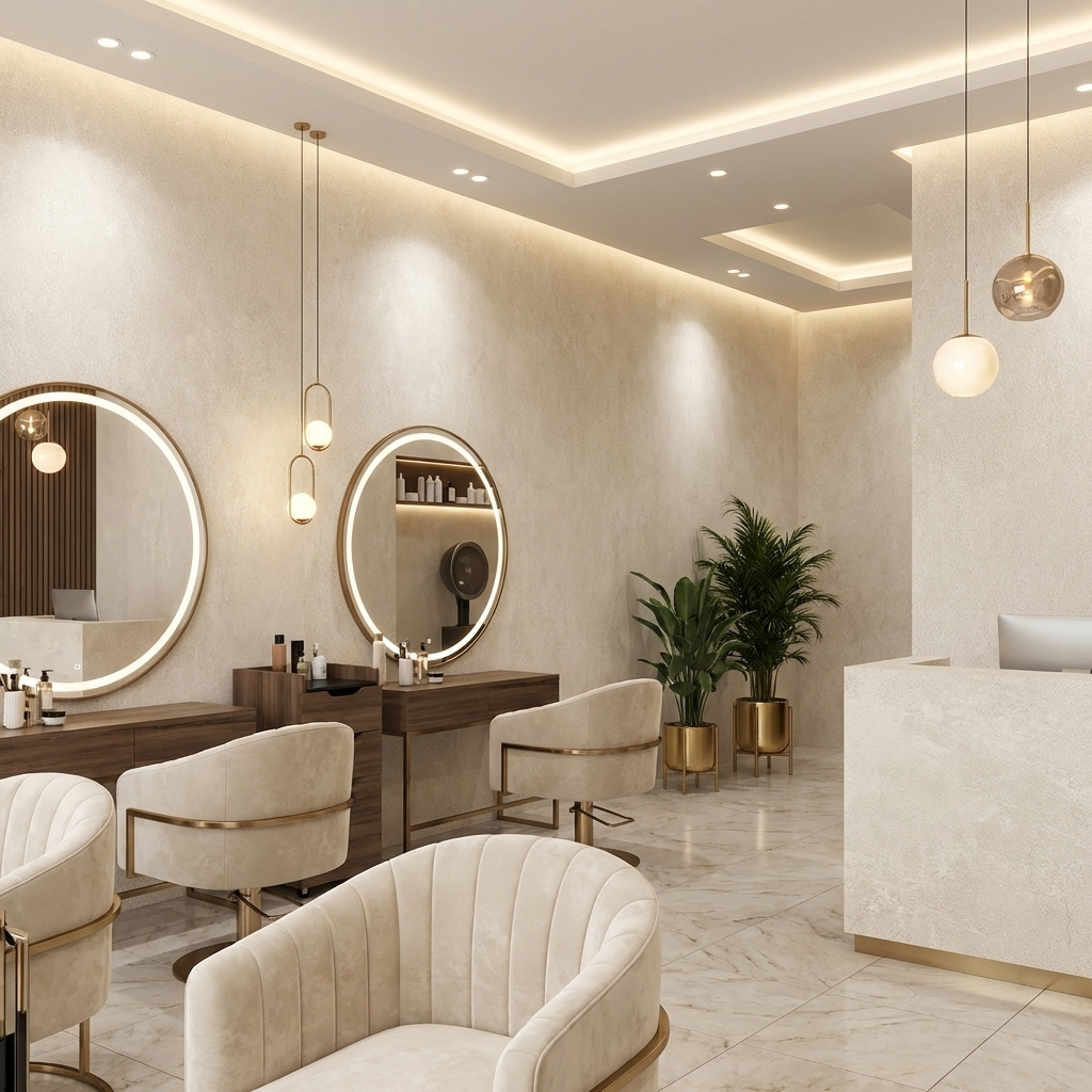 Beige stone PVC panels salon wall design modern beauty interior