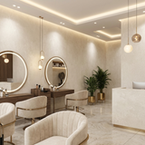 Beige stone PVC panels salon wall design modern beauty interior