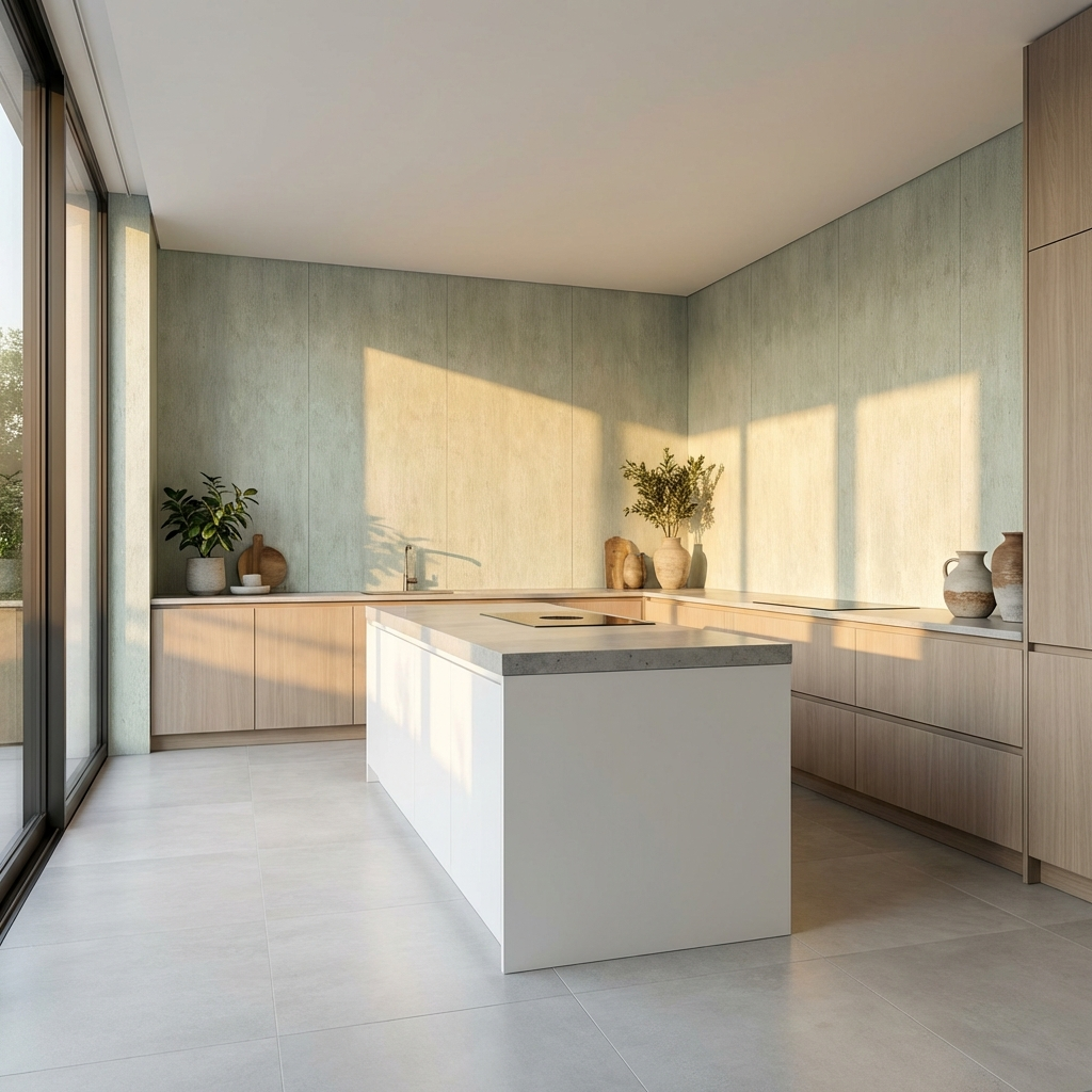 Rough texture Travertine stone look PVC panels in contemporary kitchen