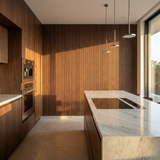 Wenge Acoustic Slat Wall Panels Installed in Modern Luxury Kitchen Interior