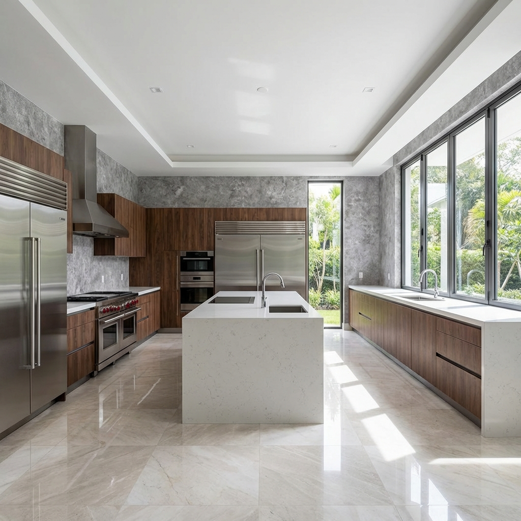 Neutral grey stone PVC panels for minimalist kitchen design