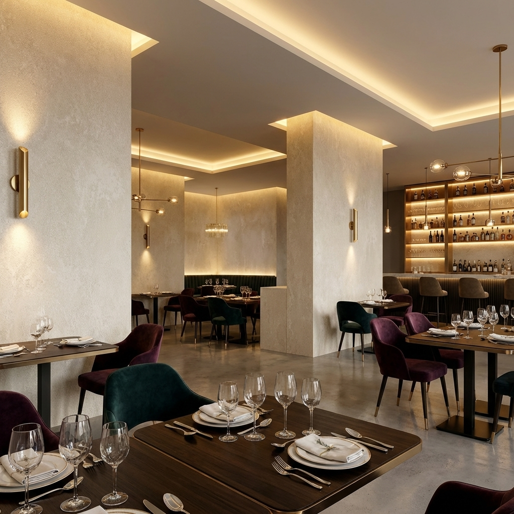 Luxury restaurant interior with beige stone PVC wall panels