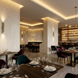 Luxury restaurant interior with beige stone PVC wall panels