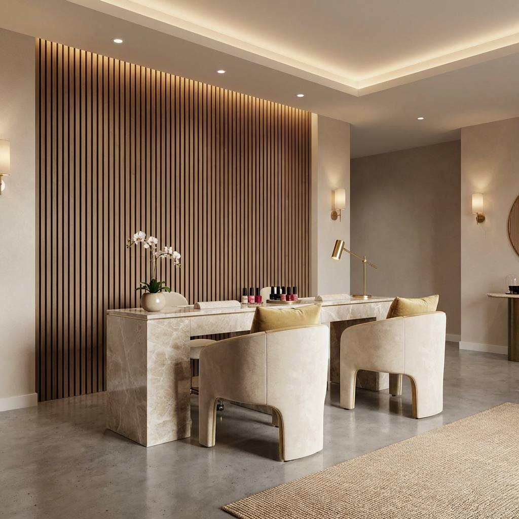 Wenge Acoustic Slat Wall Panels Installed in Modern Luxury Reception Area Interior