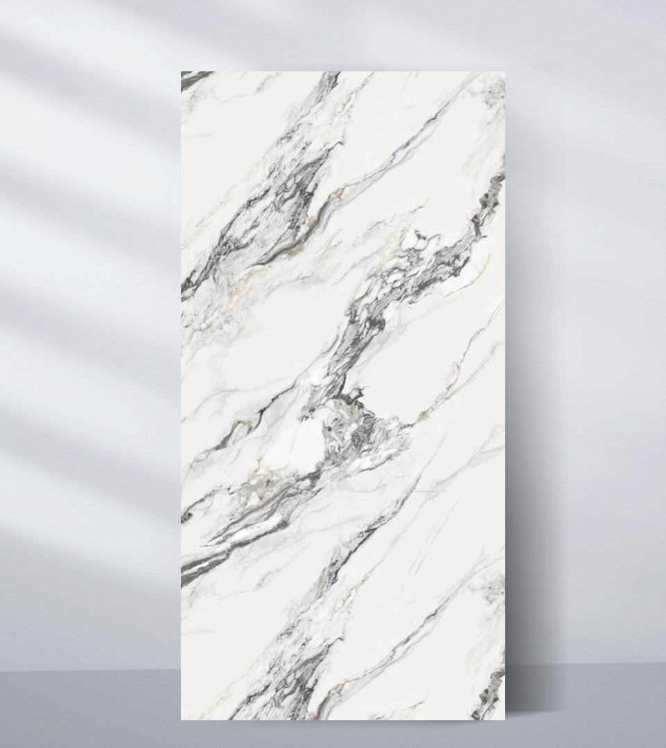 White marble wall panel with bold gray veining and luxury stone finish