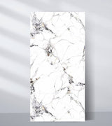 Freestanding 4 x 8 ft 3D Glacier Vein PVC wall panel with a white marble look and gray, black, and subtle gold veining