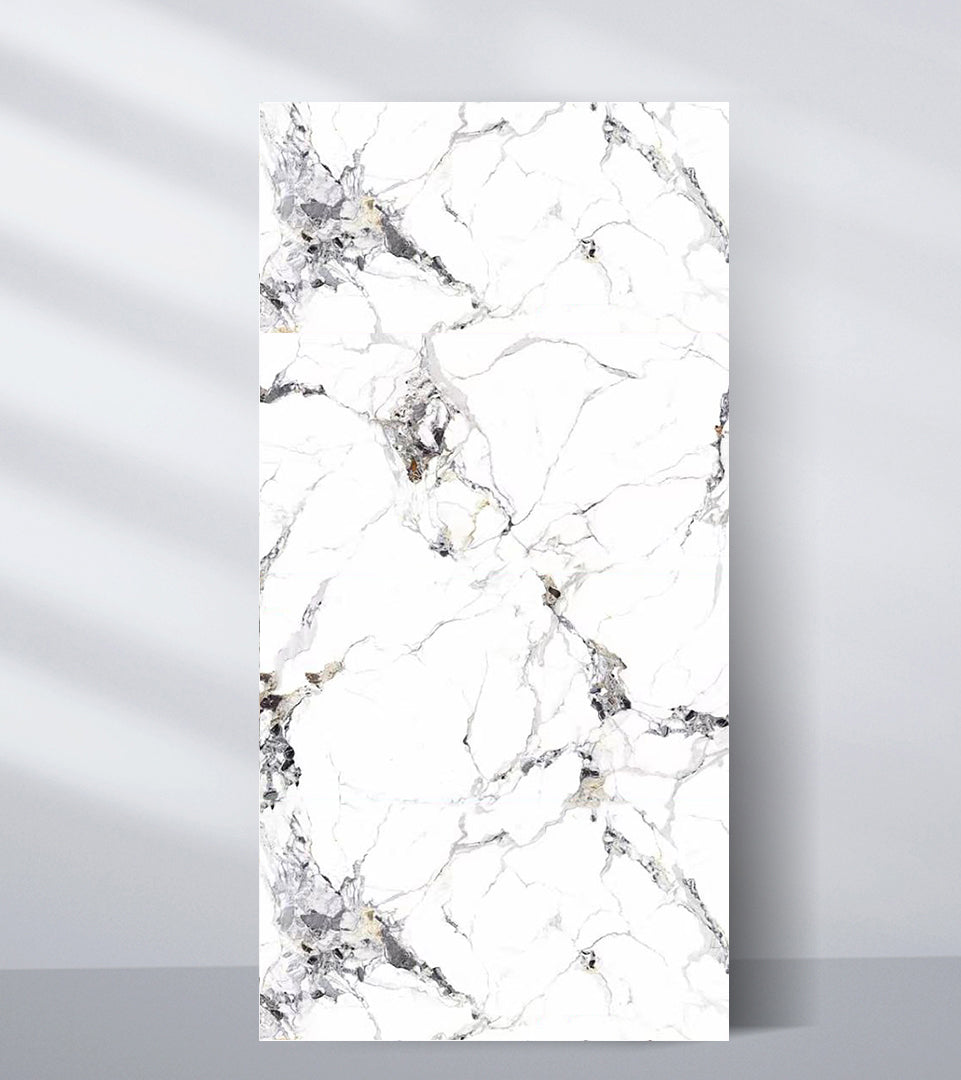 Freestanding 4 x 8 ft 3D Glacier Vein PVC wall panel with a white marble look and gray, black, and subtle gold veining