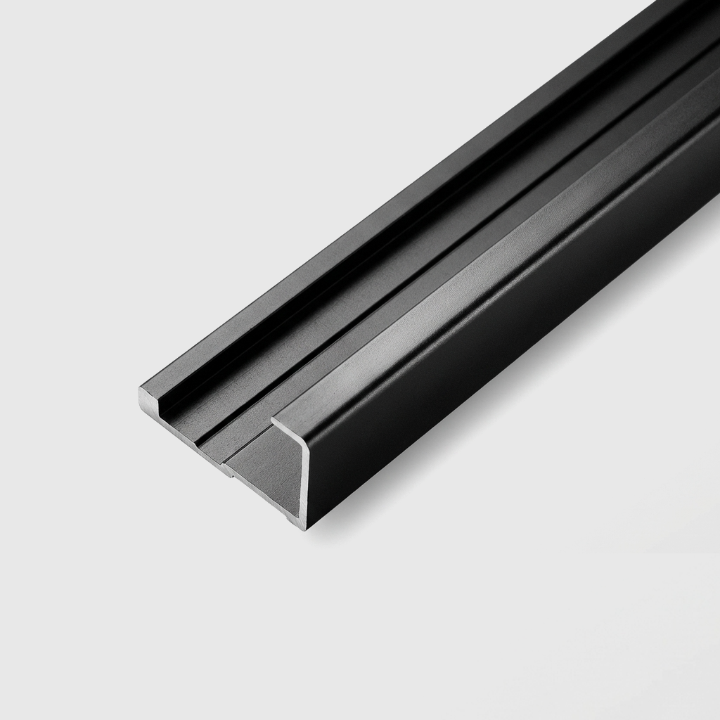 Black aluminum alloy end cap trim with channel profile shown in close-up