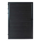Black WPC fence gate with horizontal wood planks, metal frame, and secure lock, ideal for NJ homes, durable and stylish