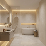 Beige stone PVC wall panels installed in modern living room