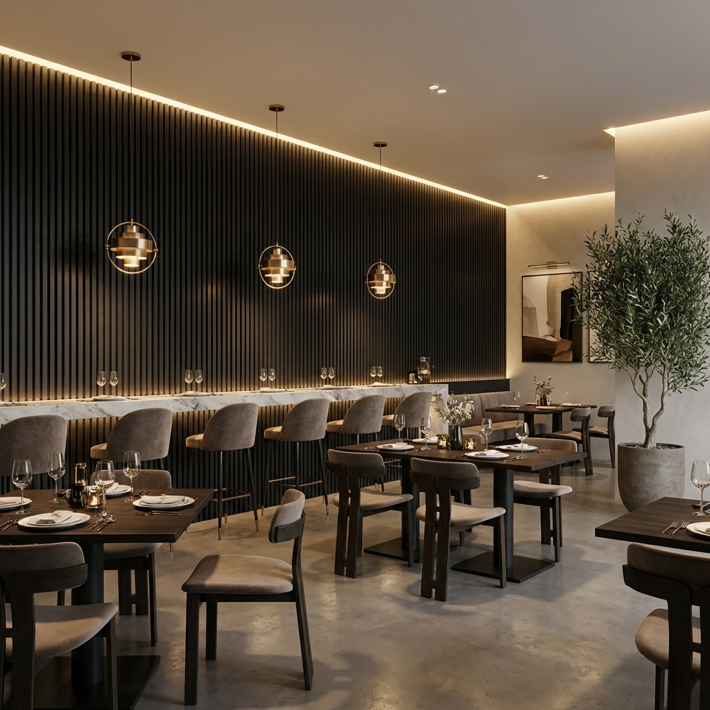 Black Acoustic Slat Wall Panels Installed in Modern Luxury Restaurant Interior