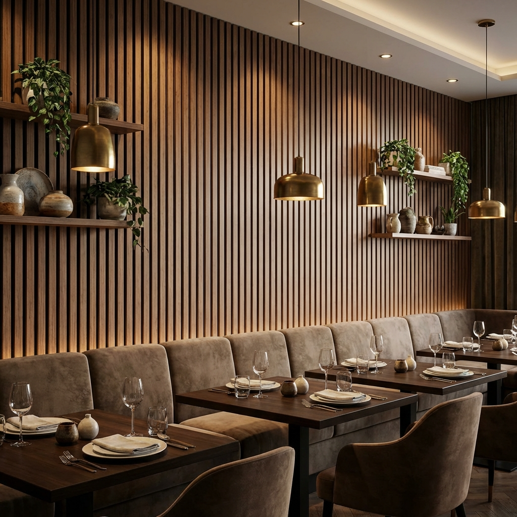 Wenge Acoustic Slat Wall Panels Installed in Modern Luxury Restaurant Interior