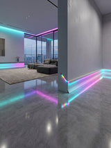 White LED Baseboard Molding Installed in Modern Living Room