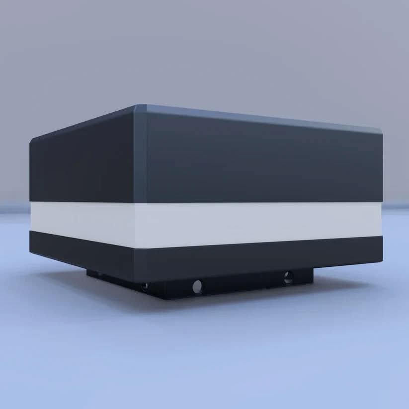 Side view of a dark LED cap for a composite fence post with a white light band