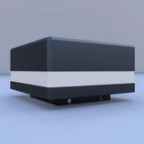Side view of a dark LED cap for a composite fence post with a white light band