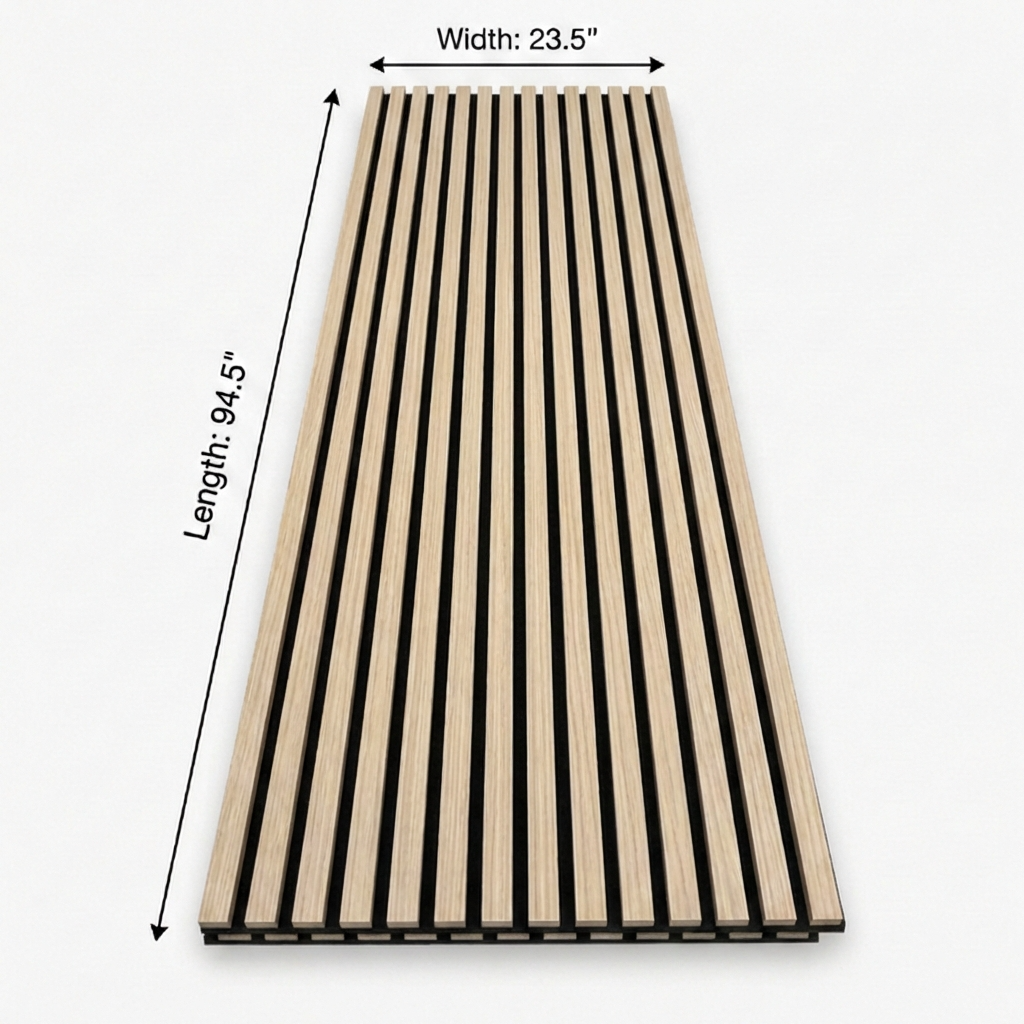 Light oak acoustic wood slat wall panel shown with 94.5-inch length and 23.5-inch width