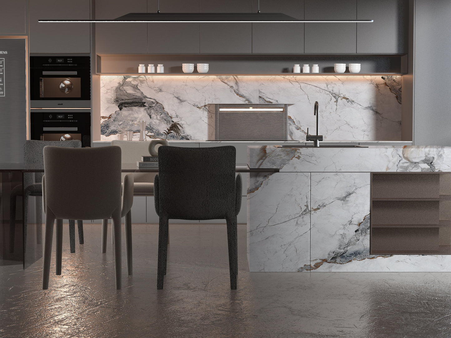 PVC 3D Marble Sheet Blue-Brown Veined. Wall Panel Market. Kitchen Design From PVC Marble Sheets