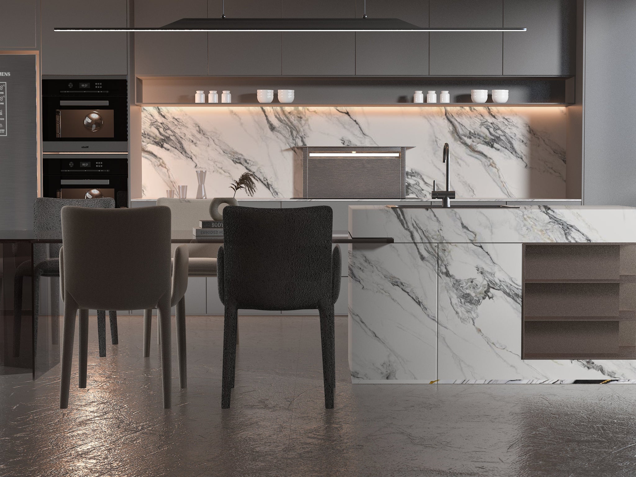 Modern kitchen with white marble wall panels and marble island backsplash