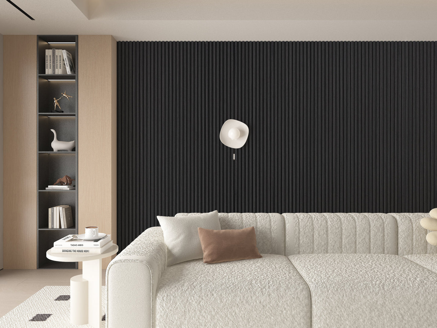 Black Timber WPC Fluted 3D Wall Panels. Wall Panel Market. Living Room Design With WPC Fluted Wall Panels
