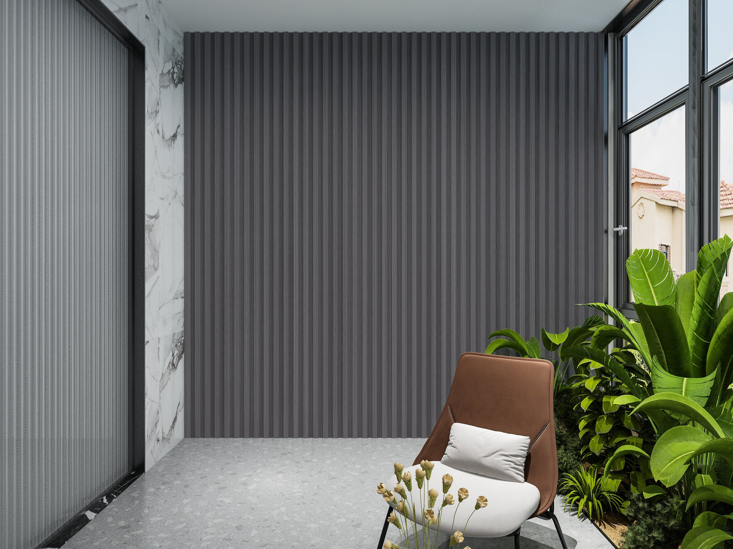 Oak Gray WPC Fluted 3D Wall Panels. Wall Panel Market. Balcony Design With WPC Fluted Wall Panels