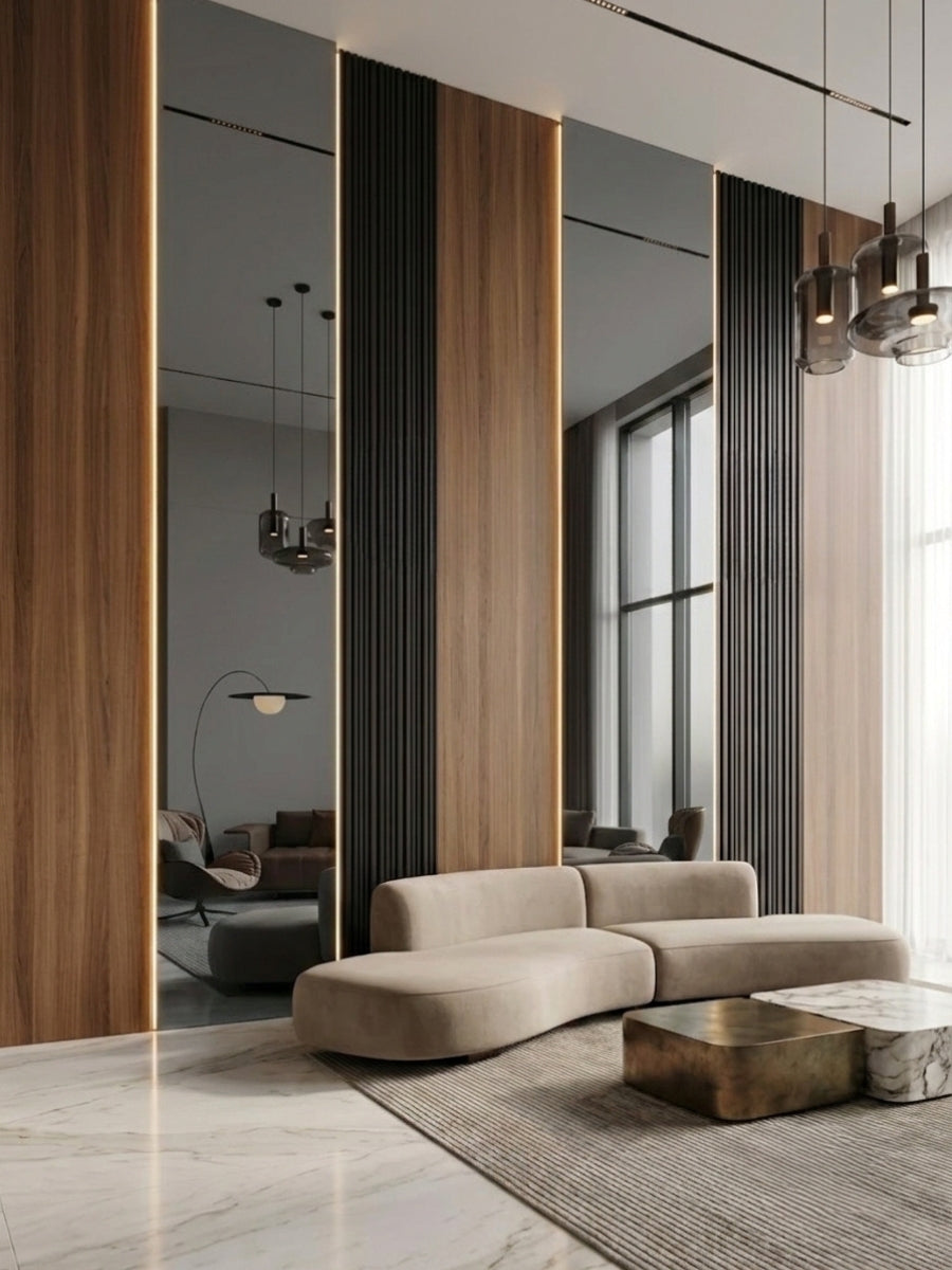 Gray Mirror Wood Veneer Panel – 9x4 ft,  Fireproof, Waterproof & Scratch-Resistant