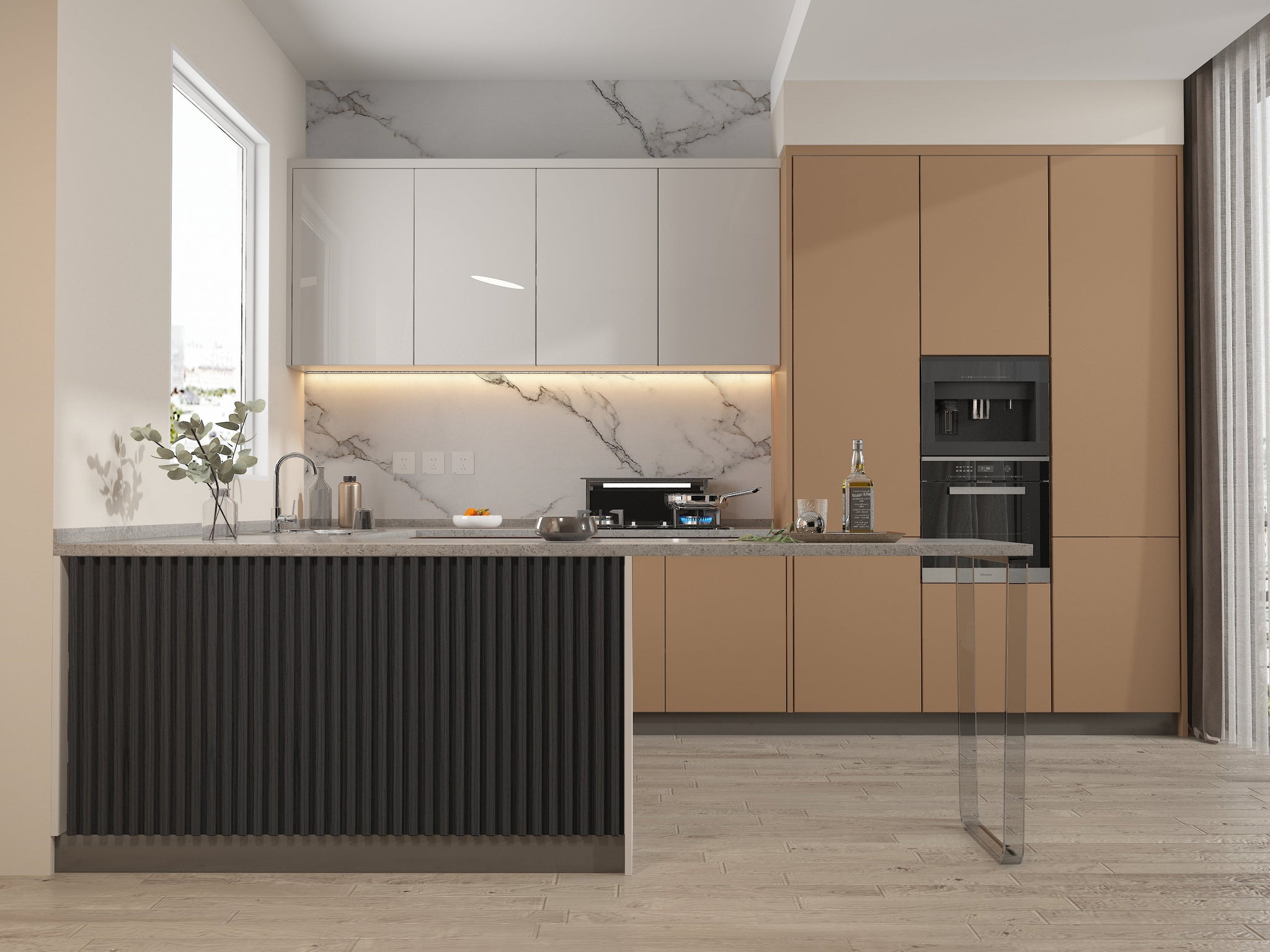 Black Timber WPC Fluted 3D Wall Panels. Wall Panel Market. Kitchen Design From WPC Fluted Wall Panels