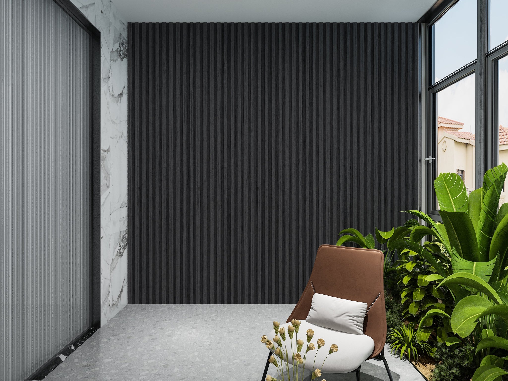 Black Timber WPC Fluted 3D Wall Panels. Wall Panel Market. Balcony Design With WPC Fluted Wall Panels