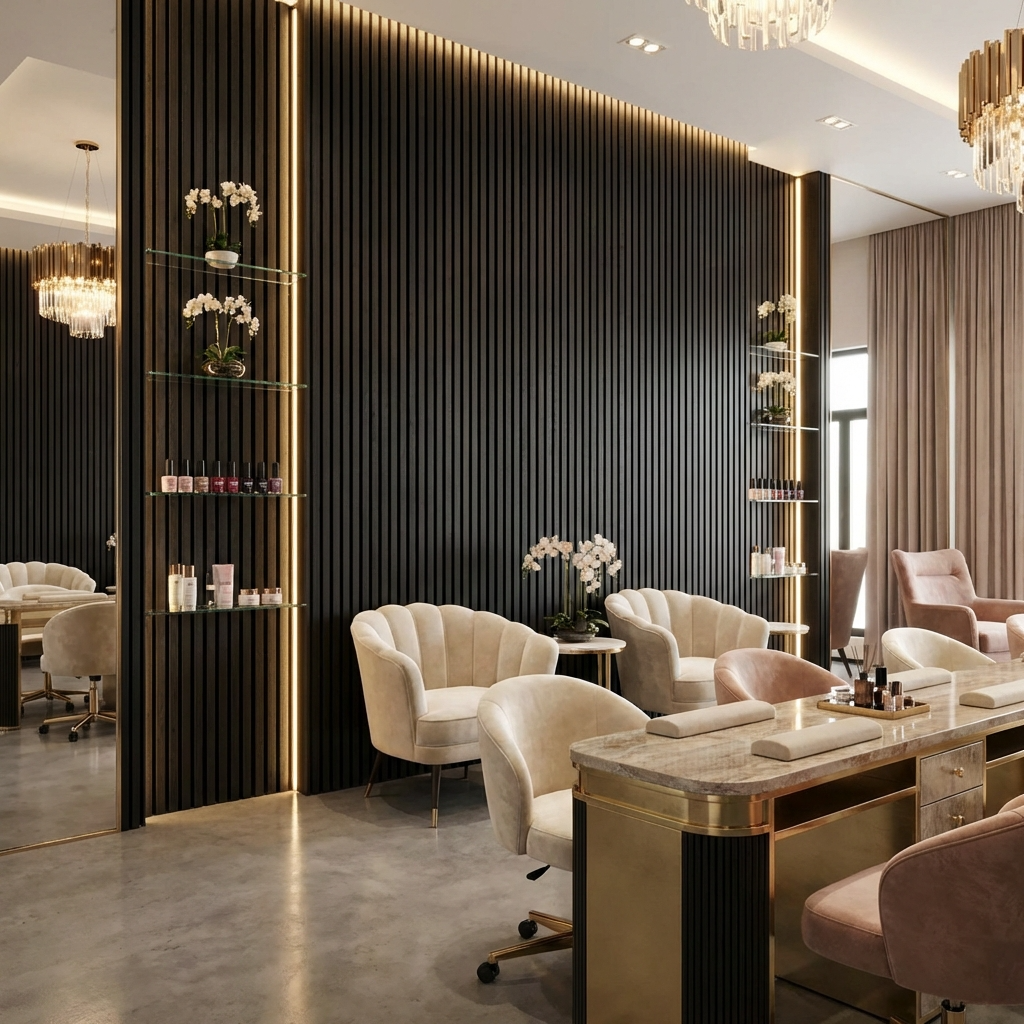 Black Acoustic Slat Wall Panels Installed in Luxury Salon Interior with Vertical Wood Slat Design