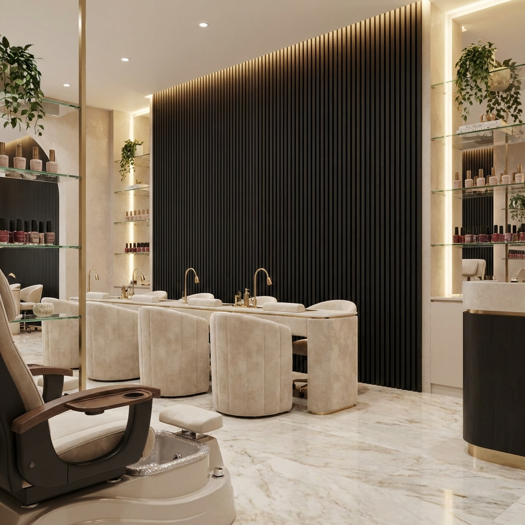 Black Acoustic Slat Wall Panels Installed in Modern Luxury Salon Interior