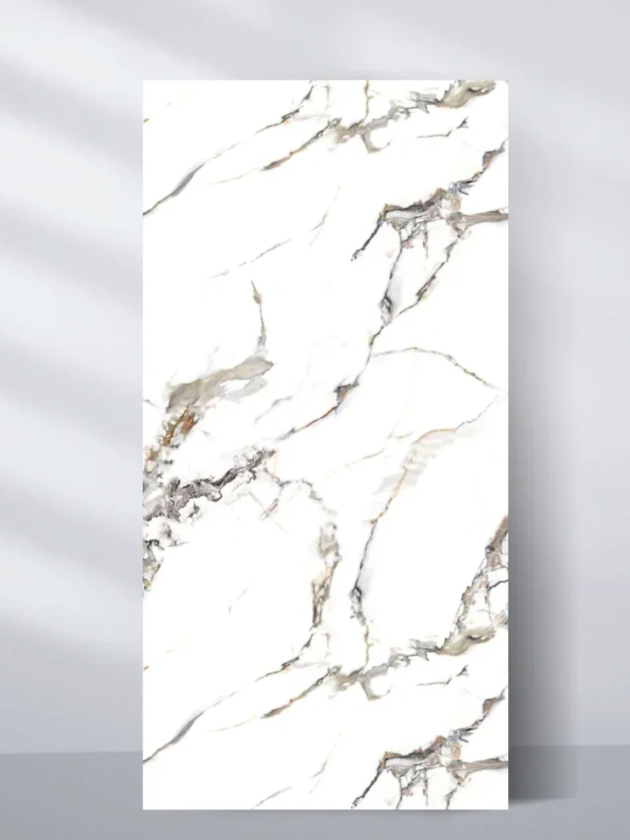 4x8 ft 3D Beige Ibiza PVC marble sheet with gray, black, and warm beige veining