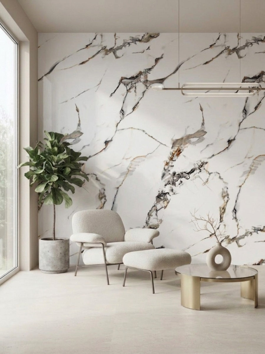 3D Beige Ibiza marble-look PVC sheets installed as an accent wall in a modern sitting area