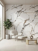 3D Beige Ibiza marble-look PVC sheets installed as an accent wall in a modern sitting area