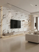 Modern living room TV wall clad in 3D Beige Ibiza PVC marble sheets
