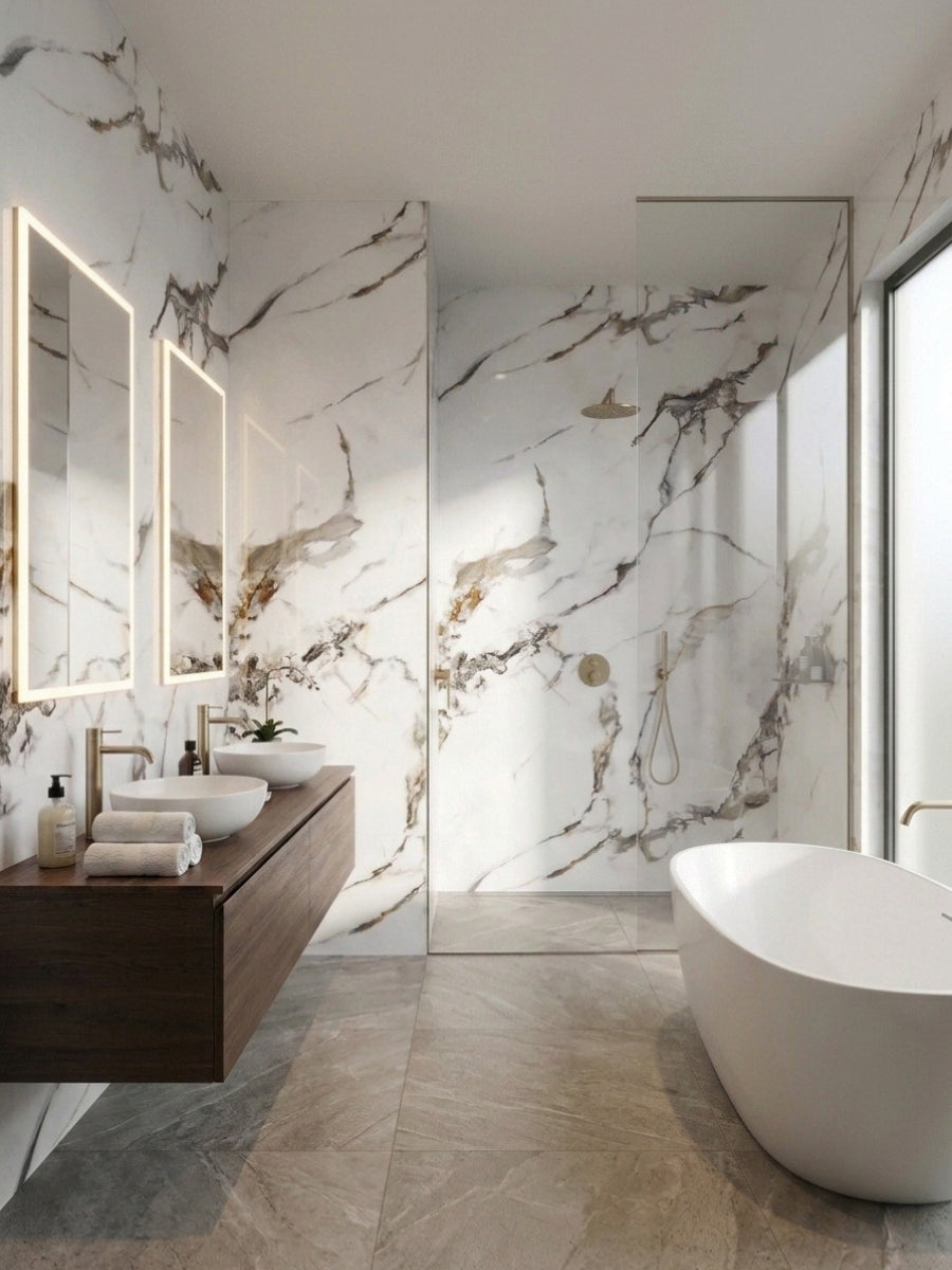 Waterproof 3D Beige Ibiza PVC marble sheets covering the walls of a modern bathroom