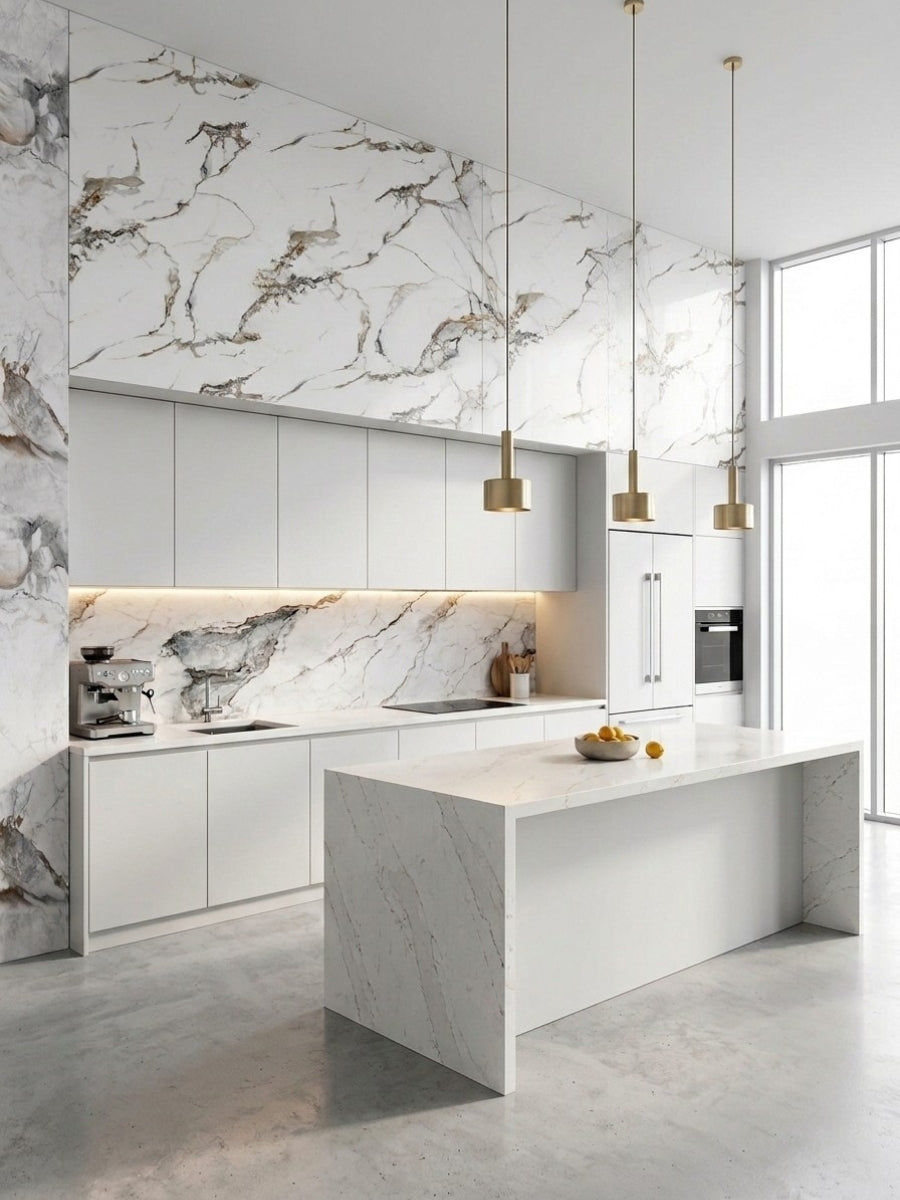 Bright modern kitchen with 3D Beige Ibiza PVC marble sheet wall panels and backsplash